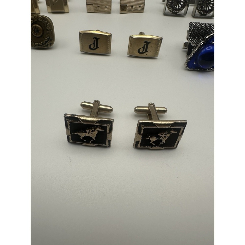 Vintage Cufflinks Lot 7 Pairs Blue Glass Mesh Equestrian Horse Initial J Mixed - Picture 2 of 8
